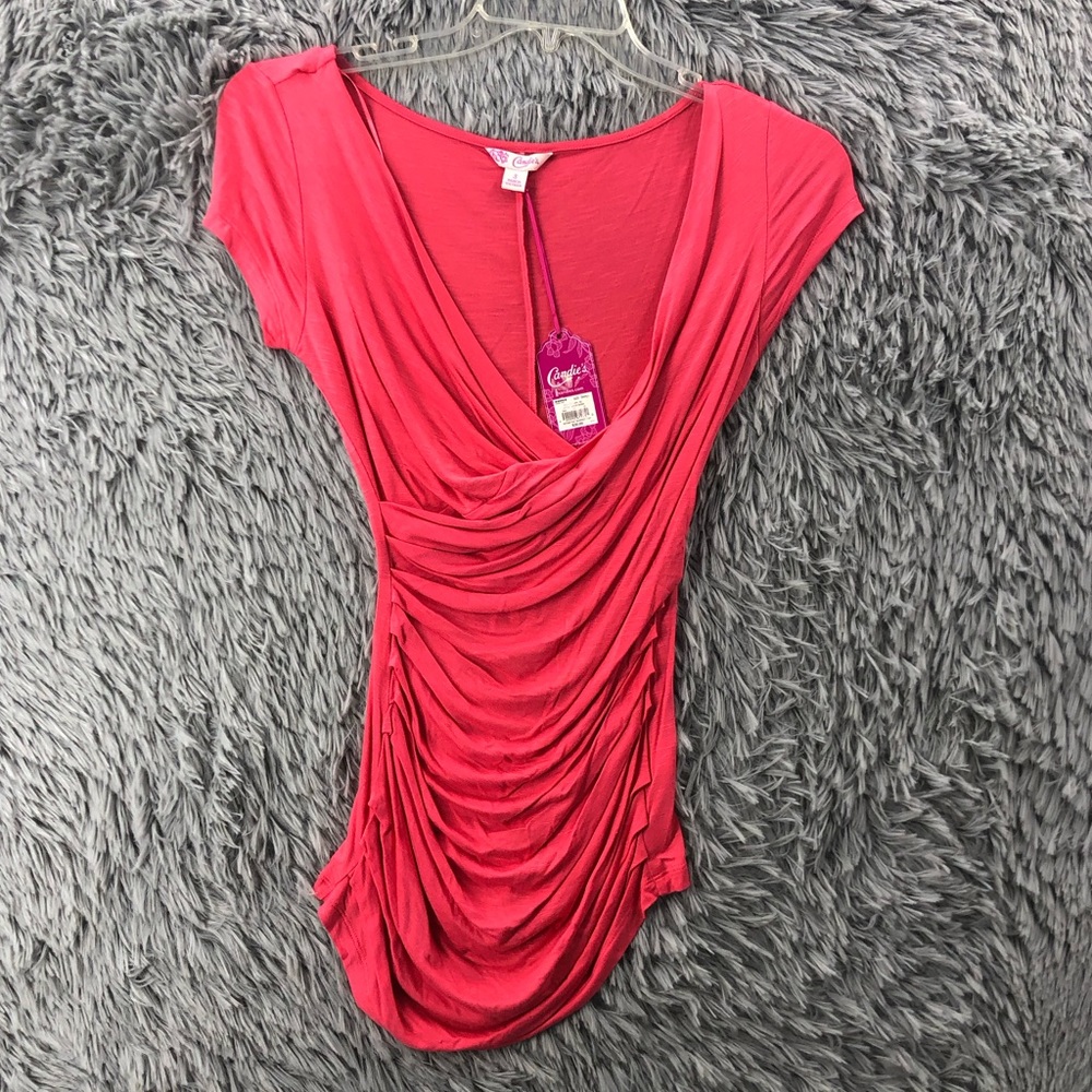 Candies Top Womens Small Drape Neck Rouche Side Shirt NWT
